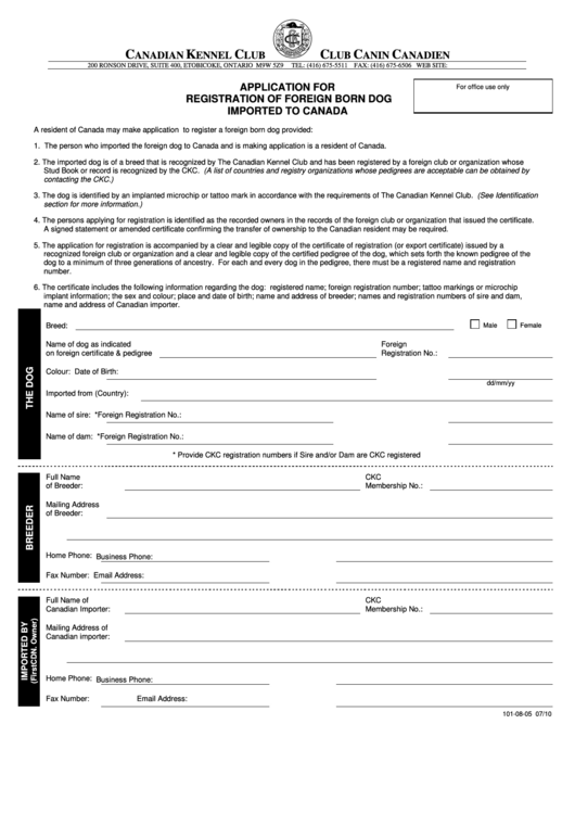 Fillable Canadian Kennel Club - Application For Registration Of Foreign Born Dog Imported To Canada Printable pdf