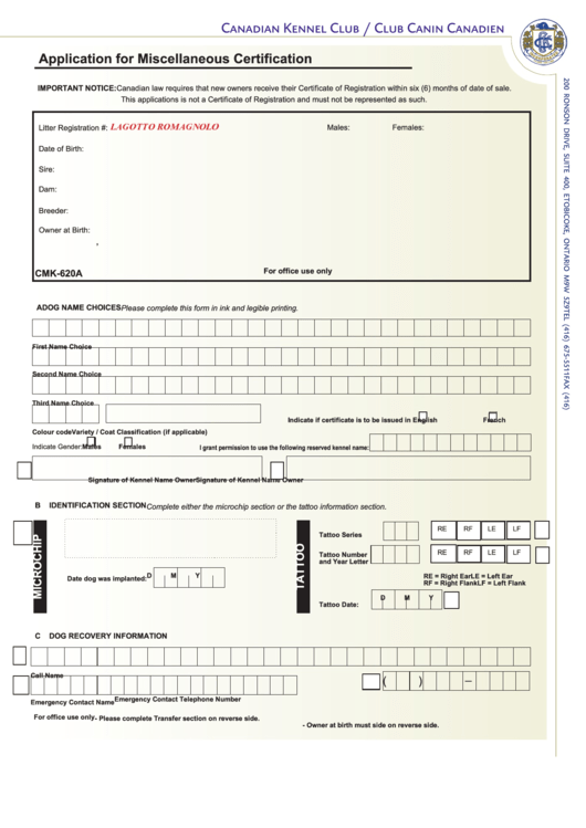 Canadian Kennel Club Application Form Printable pdf