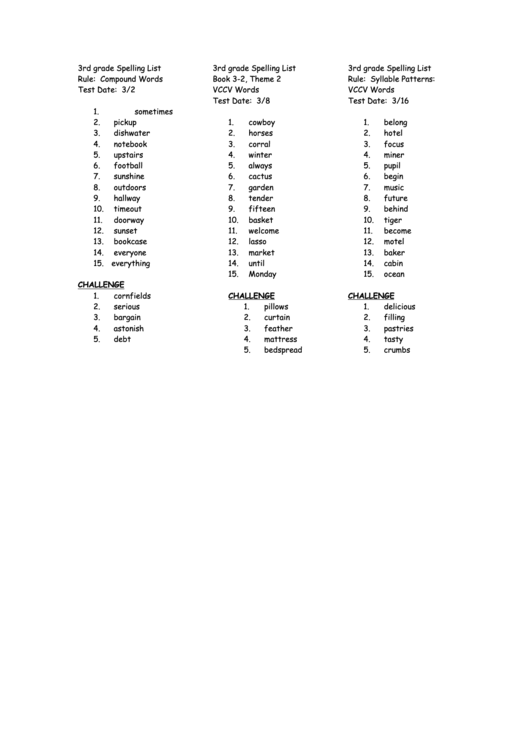 3rd Grade Spelling List Printable pdf