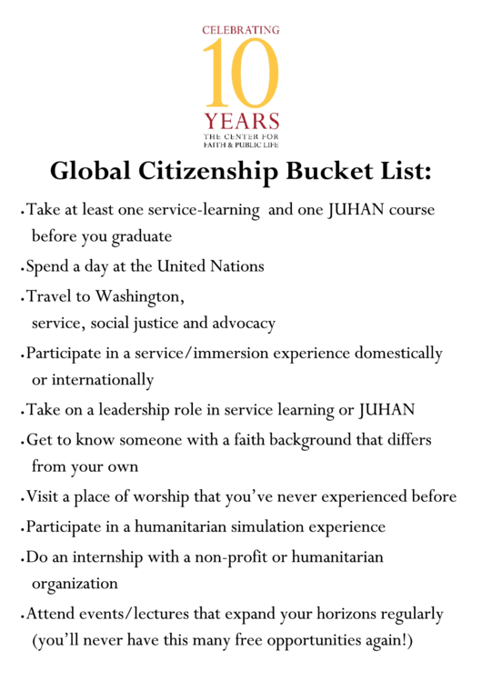 Sample Global Citizenship Bucket List Printable pdf