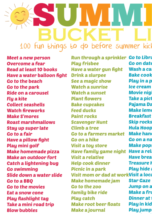 100 Things Summer Bucket List Template printable pdf download