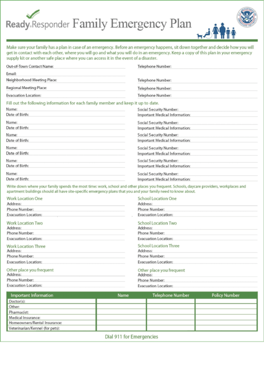 Family Emergency Plan Template Printable pdf