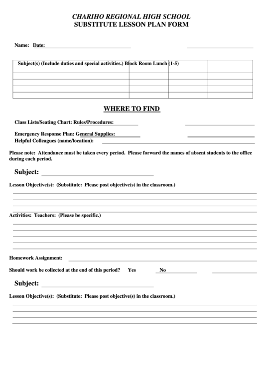 Fillable Substitute Lesson Plan Form - Chariho Regional High School Printable pdf