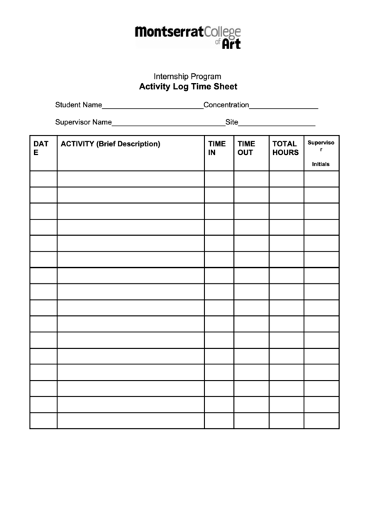Internship Program Activity Log Time Sheet Printable pdf