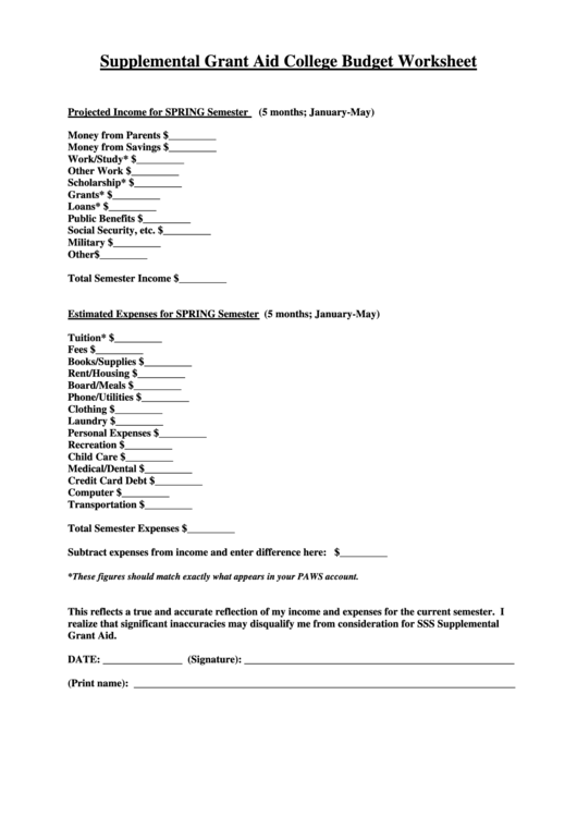 Supplemental Grant Aid College Budget Worksheet Printable pdf