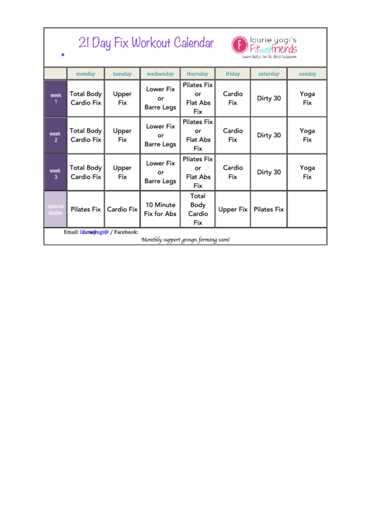 21 Day Fix Workout Calendar Template Printable Pdf Download