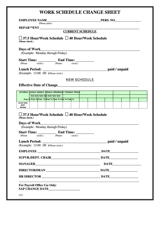 Work Schedule Change Sheet Printable pdf