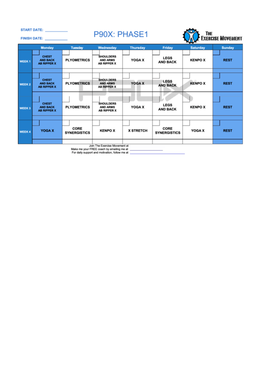 P90x Phase 1 Workout Schedule printable pdf download