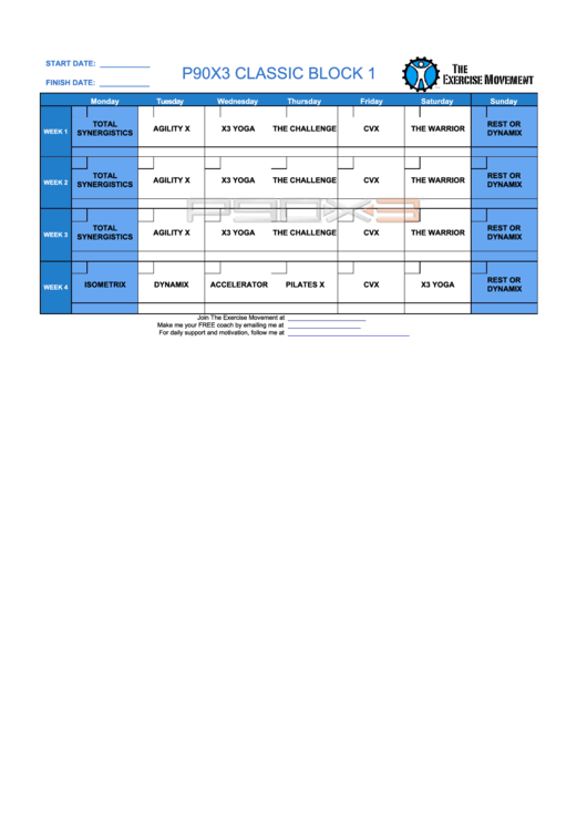 P90x3 Classic Block Workout Schedule Printable pdf