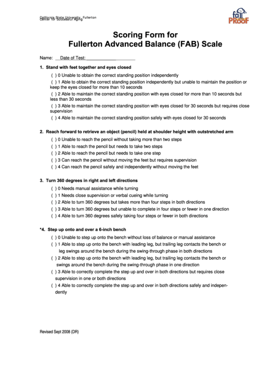 Scoring Form For Fullerton Advanced Balance (Fab) Scale Printable pdf