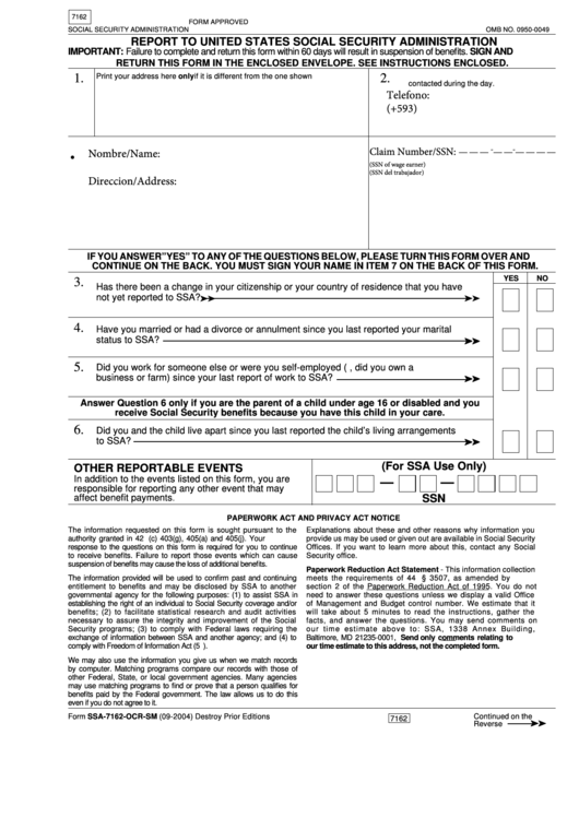 Form Ssa-7162-Ocr-Sm (03-2004) - Report To United States Social Security Administration Printable pdf