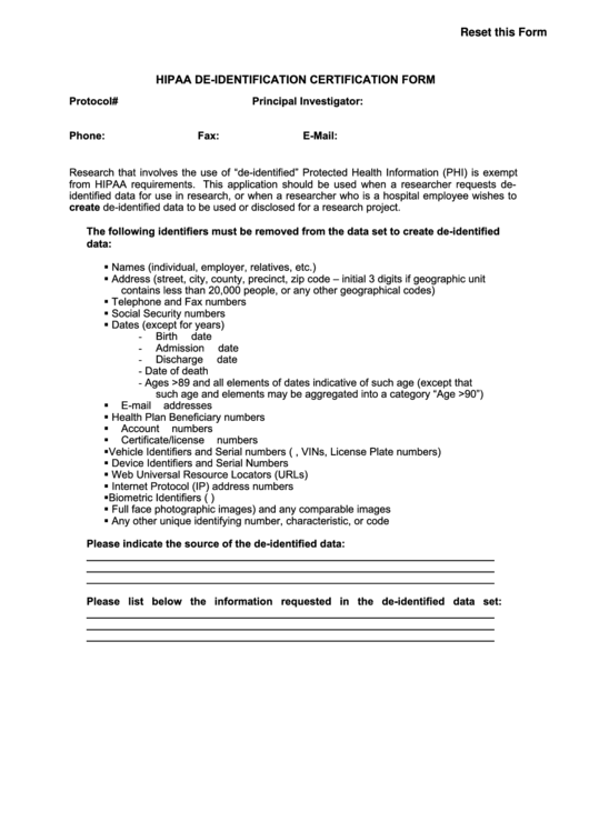 Fillable Hipaa De-Id Certification Form Printable pdf