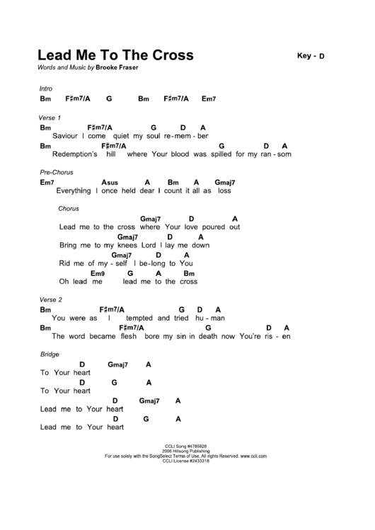 Lead Me To The Cross - Key Of D (Brooke Fraser) Printable pdf
