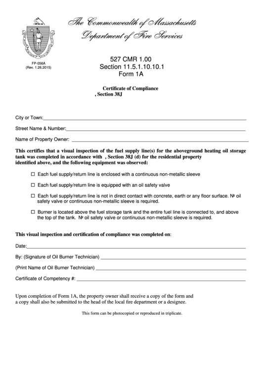 Form 1a - The Commonwealth Of Massachusetts Department Of Fire Services - Certificate Of Compliance (Form Fp-056a) Printable pdf
