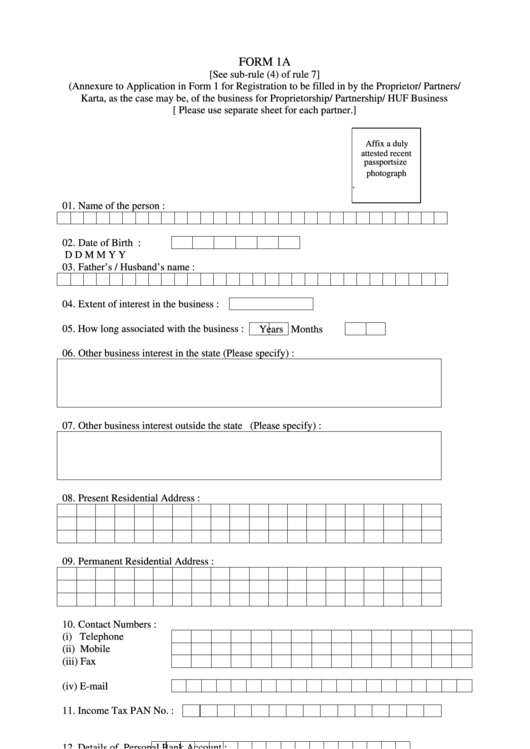 Form 1a - Annexure To Application In Form 1 For Registration To Be Filled In By The Proprietor Printable pdf