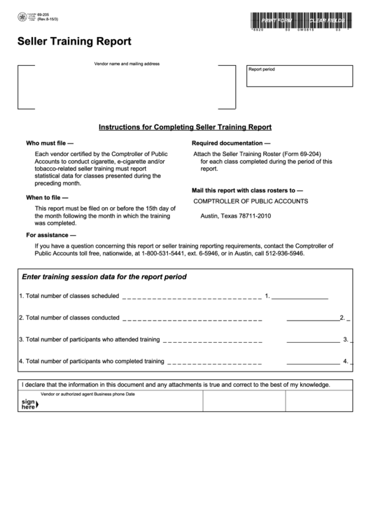 Fillable Form 69-205, Seller Training Report - Texas Comptroller Printable pdf