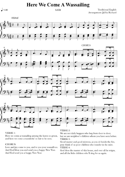 Here We Come A-Wassailing (Traditional) Printable pdf