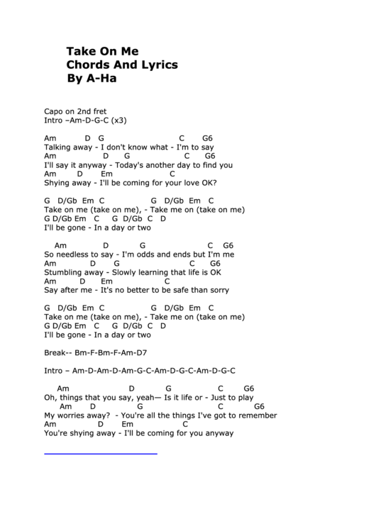 Take On Me - Chords And Lyrics By A-Ha Printable pdf