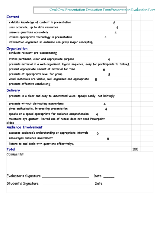 Oral Presentation Evaluation Form printable pdf download