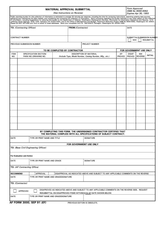 Af Form 3000 (Sep 91) Material Approval Submittal Printable pdf