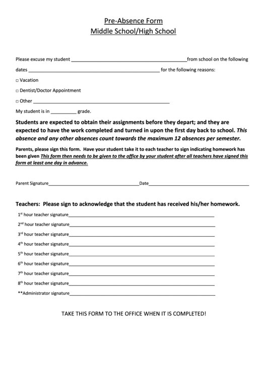 Middle And High School Pre-Absence Form Printable pdf