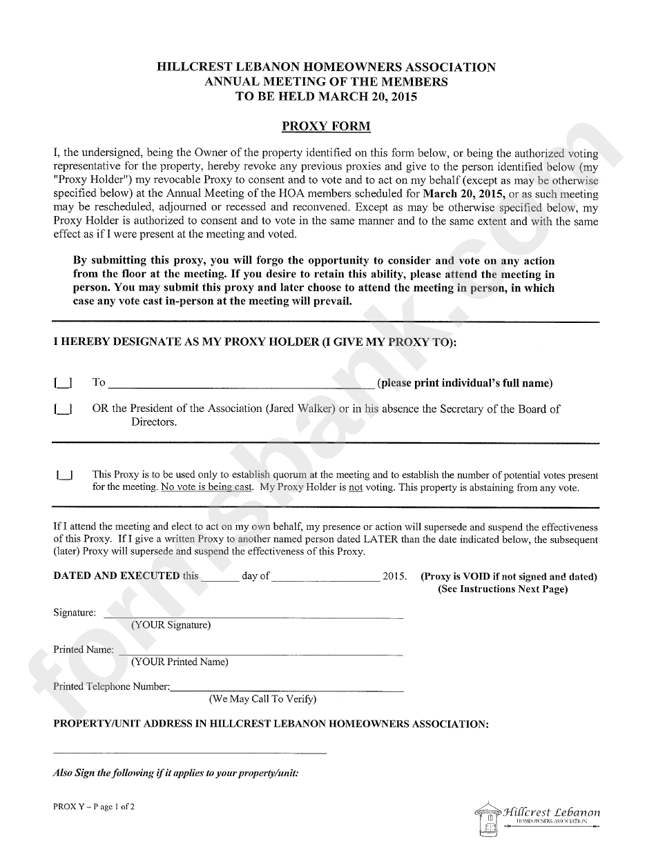 Hillcrest Lebanon Hoa 2014 Annual Meeting Proxy Form Printable Pdf Download