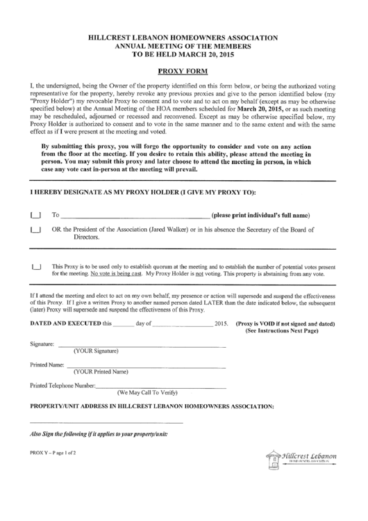 Hillcrest Lebanon Hoa 2014 Annual Meeting Proxy Form Printable pdf