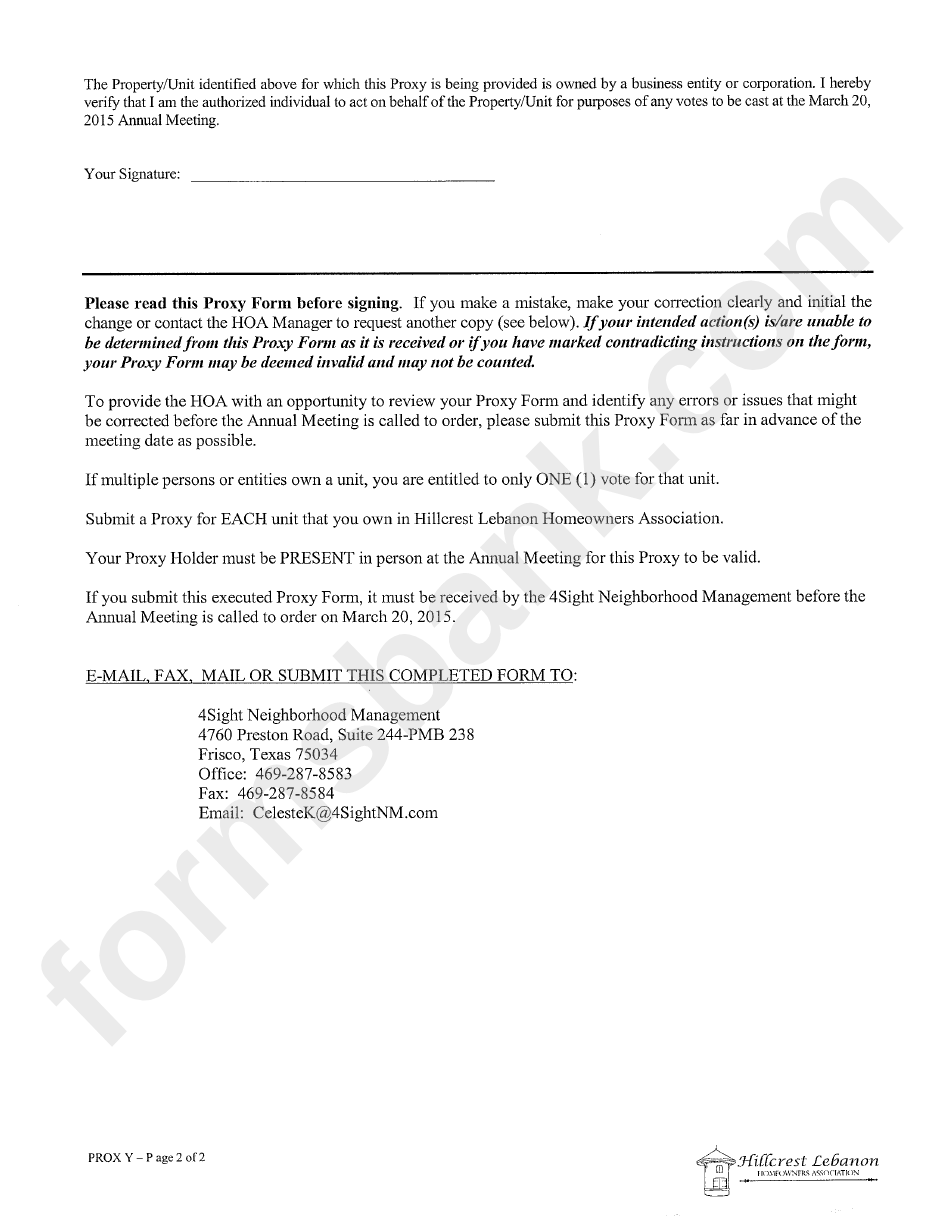 Hillcrest Lebanon Hoa 2014 Annual Meeting Proxy Form