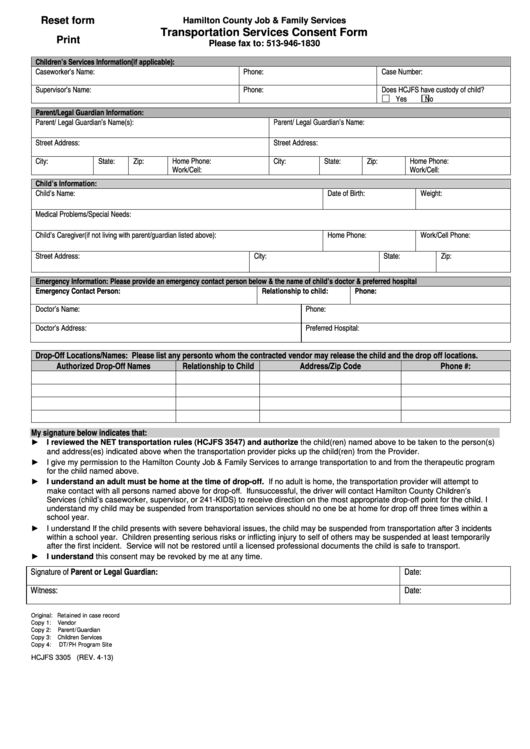 Hamilton County Department Of Human Services - Transportation Services Consent Form