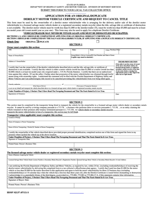 Fillable Form Hsmv 82137 - Application For An Original/duplicate Derelict Motor Vehicle Certificate And Request To Cancel Title Printable pdf