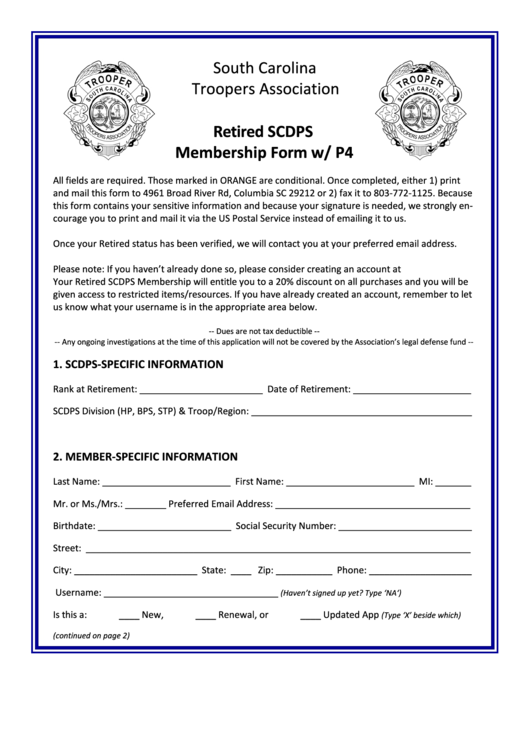 Fillable Retired Scdps Membership Form Printable pdf