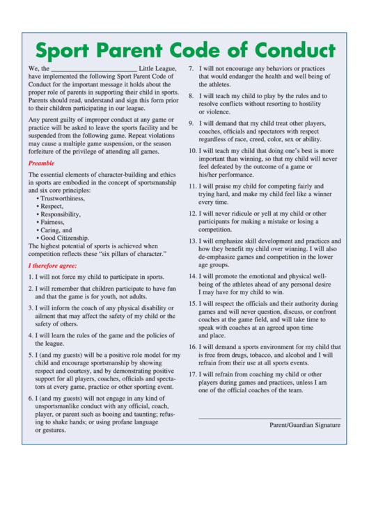 Sport Parent Code Of Conduct Template Printable pdf