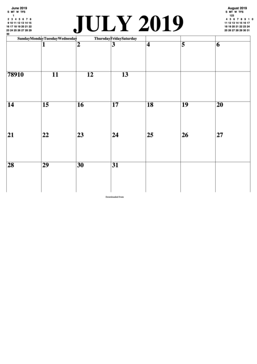July 2019 Calendar Template Printable pdf