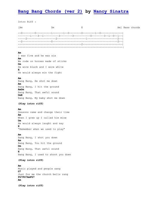 Bang Bang Chords - Nancy Sinatra Printable pdf
