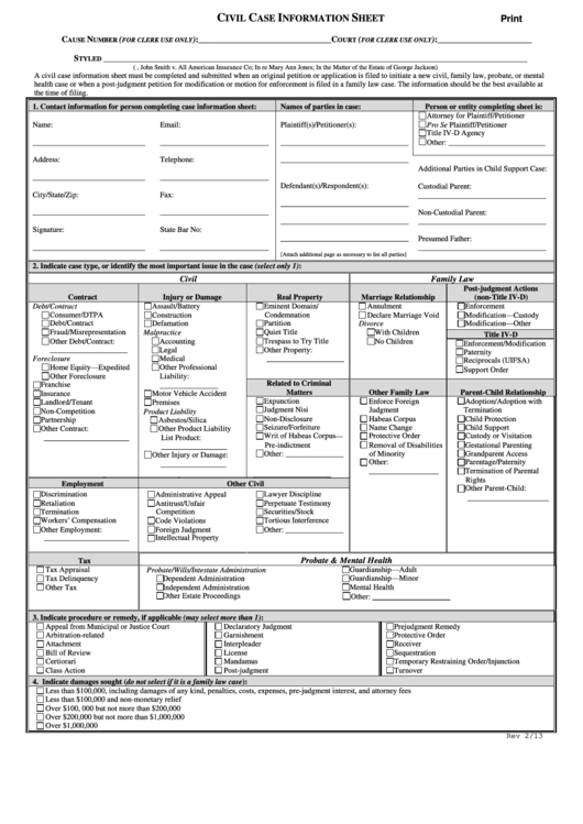 Fillable Civil Case Information Sheet (Texas) Printable pdf