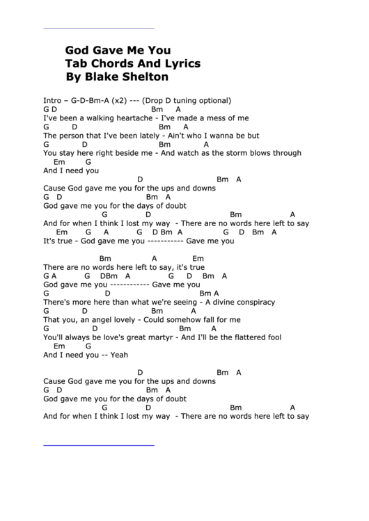 God Gave Me You - Tab Chords And Lyrics By Blake Shelton Printable pdf
