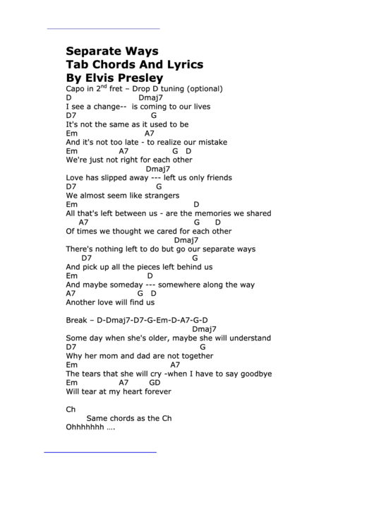 Separate Ways - Tab Chords And Lyrics By Elvis Presley Printable pdf