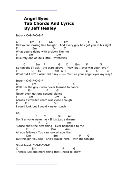 Angel Eyes Tab - Jeff Healey - Key - C-G-F-C-G-F Printable pdf