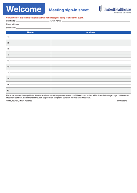 Meeting Sign-In Sheet Template - Unted Healthcare Printable pdf