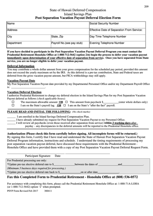 Post-separation Vacation Payout Deferral Election Form - State Of Hawaii