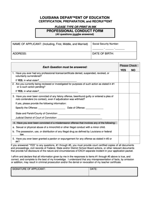 Louisiana Department Of Education Professional Conduct Form Printable pdf