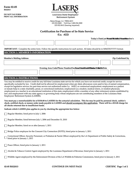 Form 02-05 Lasers Louisiana State Employees' Retirement System - Certification For Purchase Of In-state Service
