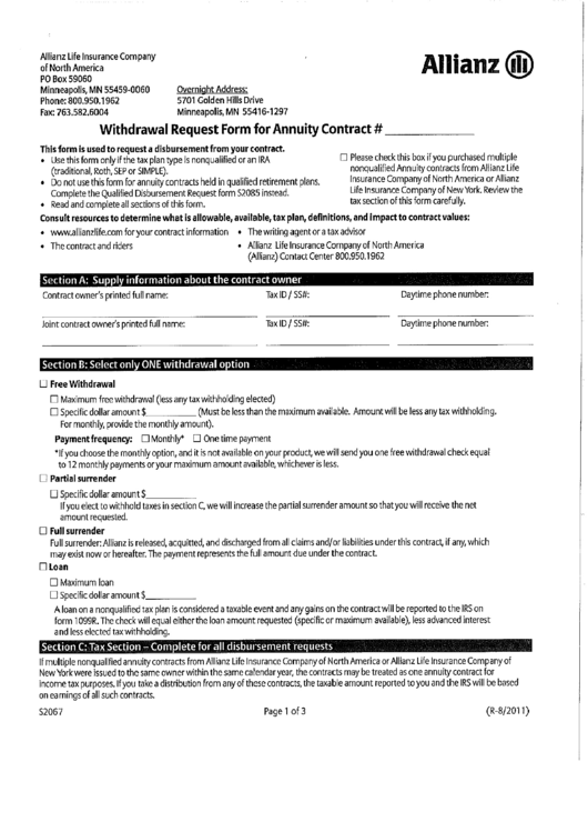 Allianz Life Insurance Company - Withdrawal Request Form For Annuity Contract Printable pdf