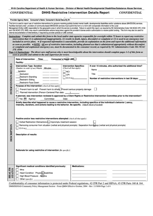 Confidential Dhhs Restrictive Intervention Details Report - North Carolina Printable pdf