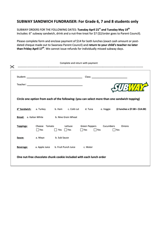 Subway Order Form 6,7,8 Grade Students Printable pdf