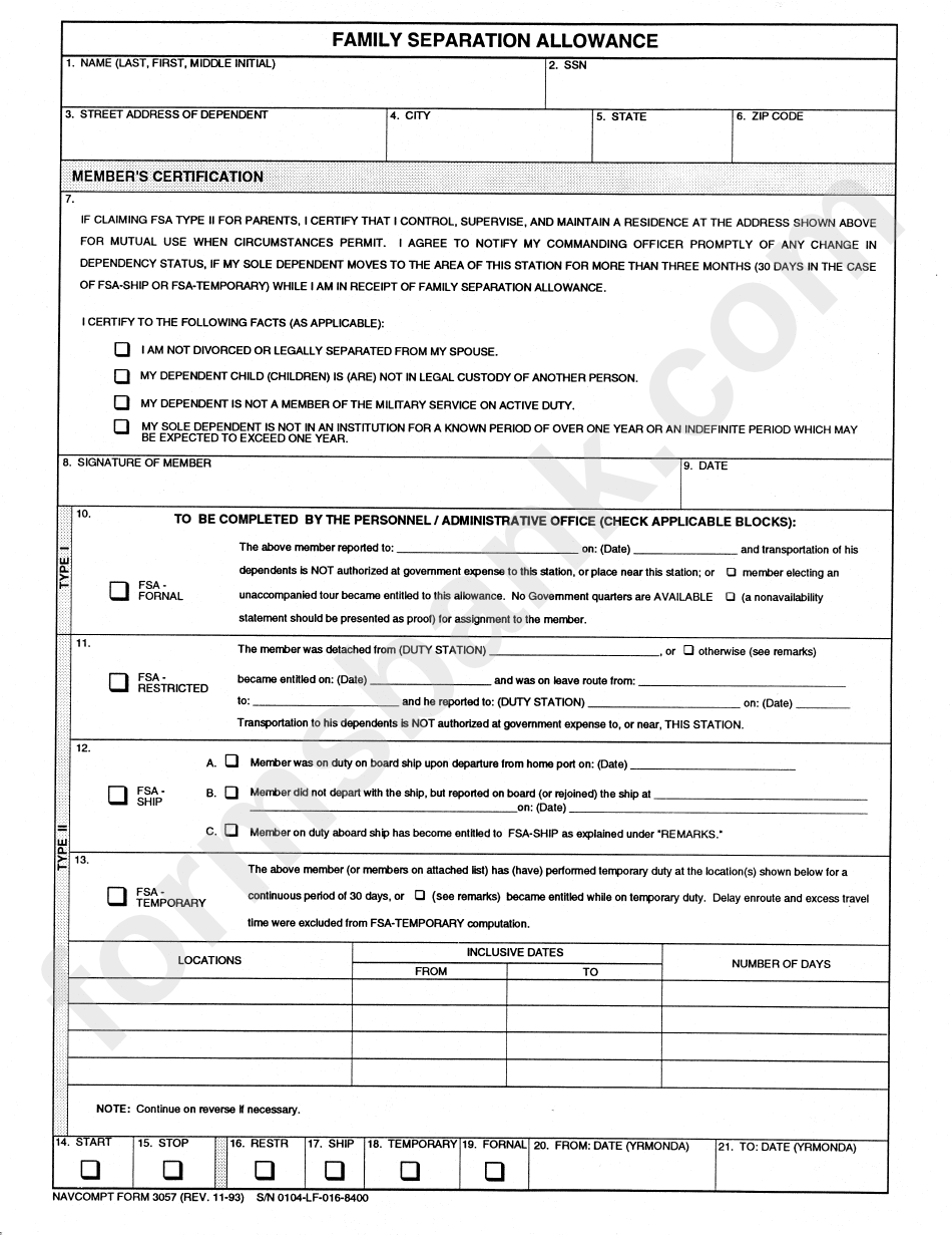 Form 3057 Family Separation Allowance