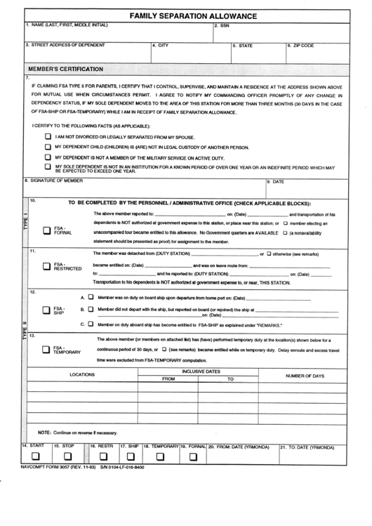 Form 3057 Family Separation Allowance Printable pdf