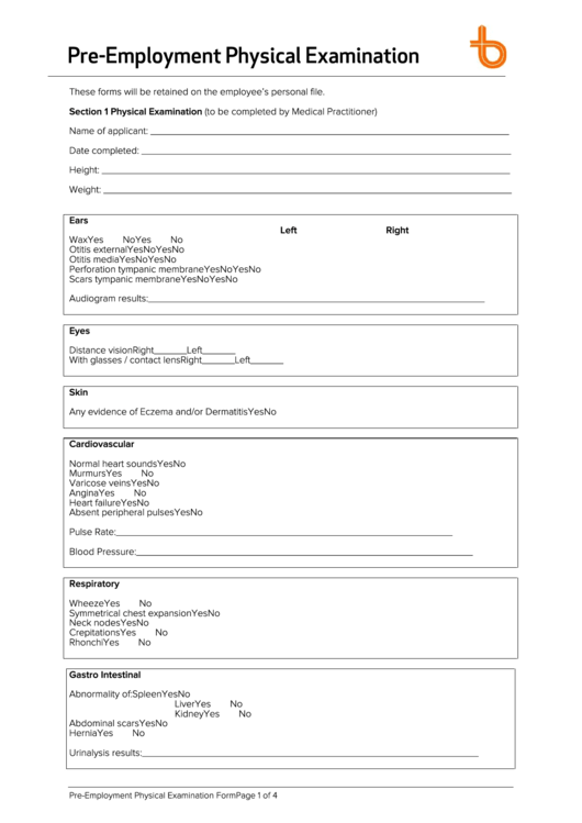 Pre Employment Physical Examination Form Printable Pdf Download