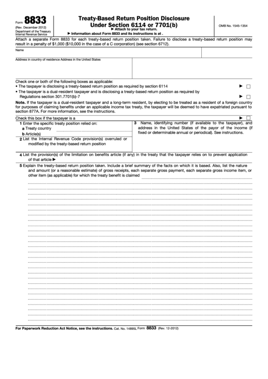 Form 8833 (Rev. December 2012) Treaty-Based Return Position Disclosure Under Section 6114 Or 7701(B) Printable pdf