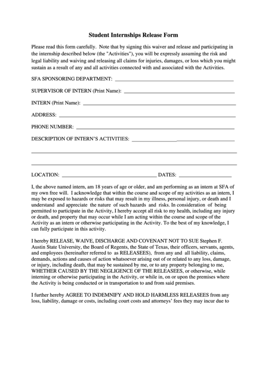 Student Internships Release Form Printable pdf